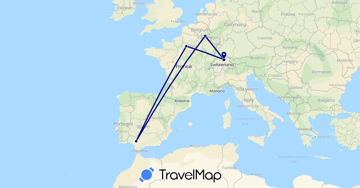 TravelMap itinerary: driving in Belgium, Switzerland, Spain, France (Europe)